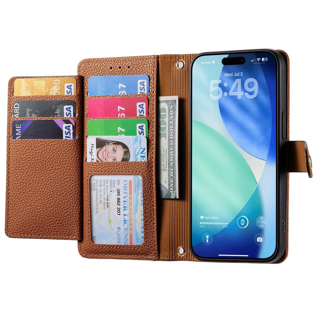 For iPhone 17 Pro Max Case RFID Blocking Zipper Pocket Leather Wallet Phone Cover with Strap