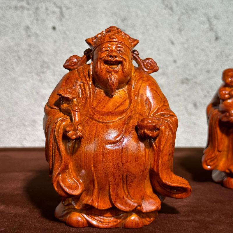 Karin Wood Carving Fulu Shou Ornament - Solid Wood Decor for Longevity Wishes and Birthday Gifts