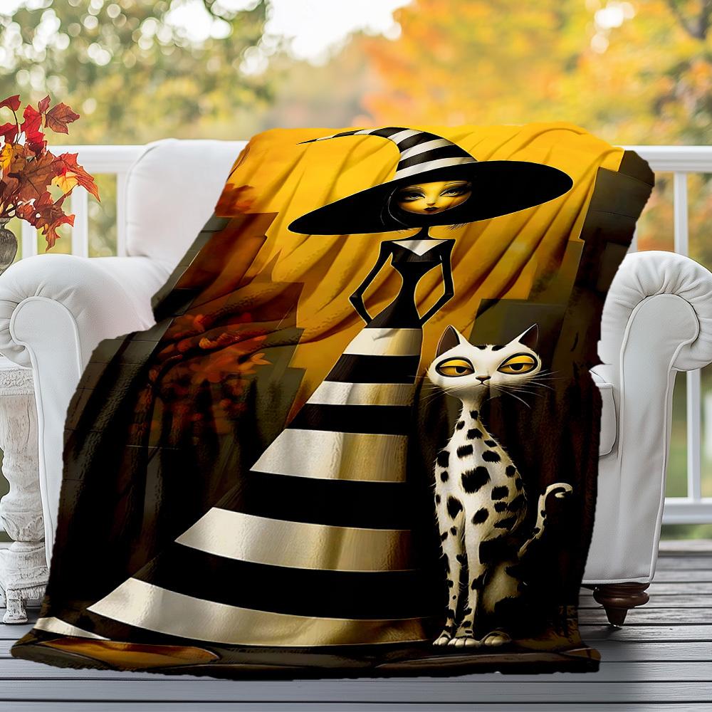 1pc witch, cat Outdoor Flannel Blanket Soft Warm All-Season Throw for Sofa Bed Car Camping Office, Cozy Gift Idea1148S