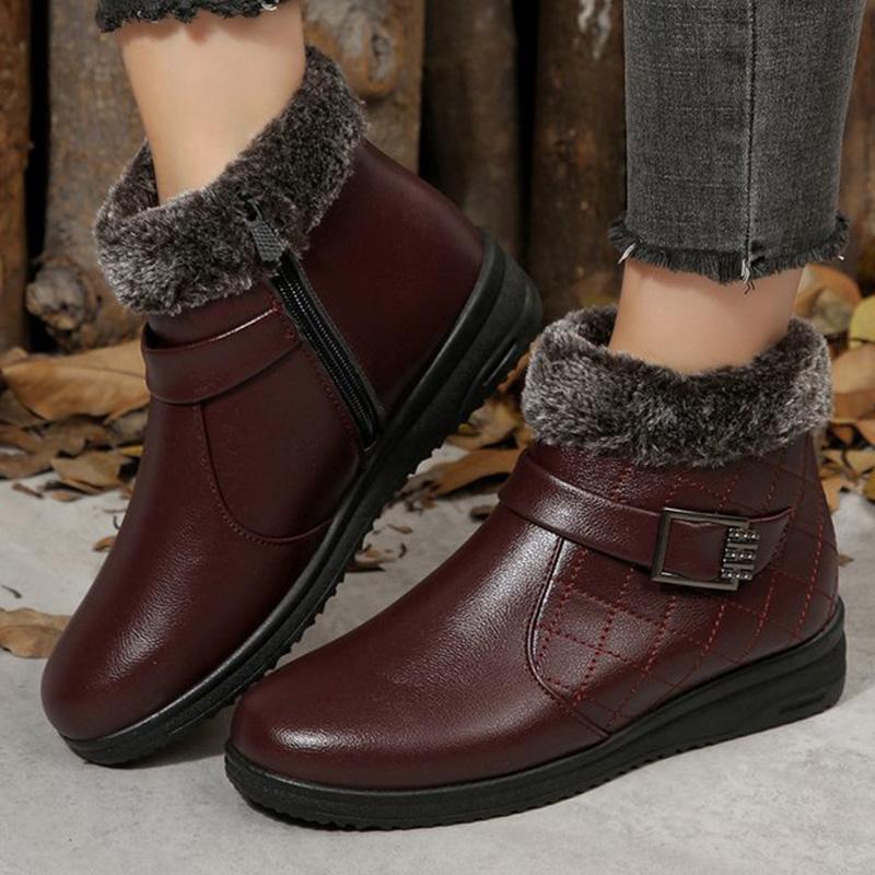 Fashion Retro Faux Pu Leather Snow Boots Women Winter 2025 Zipper Up Wedges Snow Boots Woman Anti Slip Furry Warm Booties Female