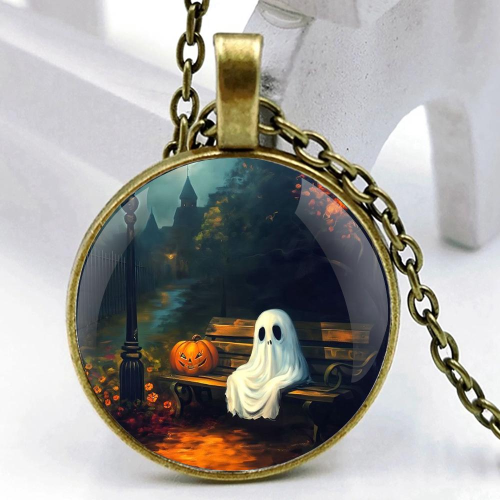 

Ghost Glass Dome Pendant Necklaces for Men and Women, Halloween Fashion Accessory, Unique Gifts Bronze