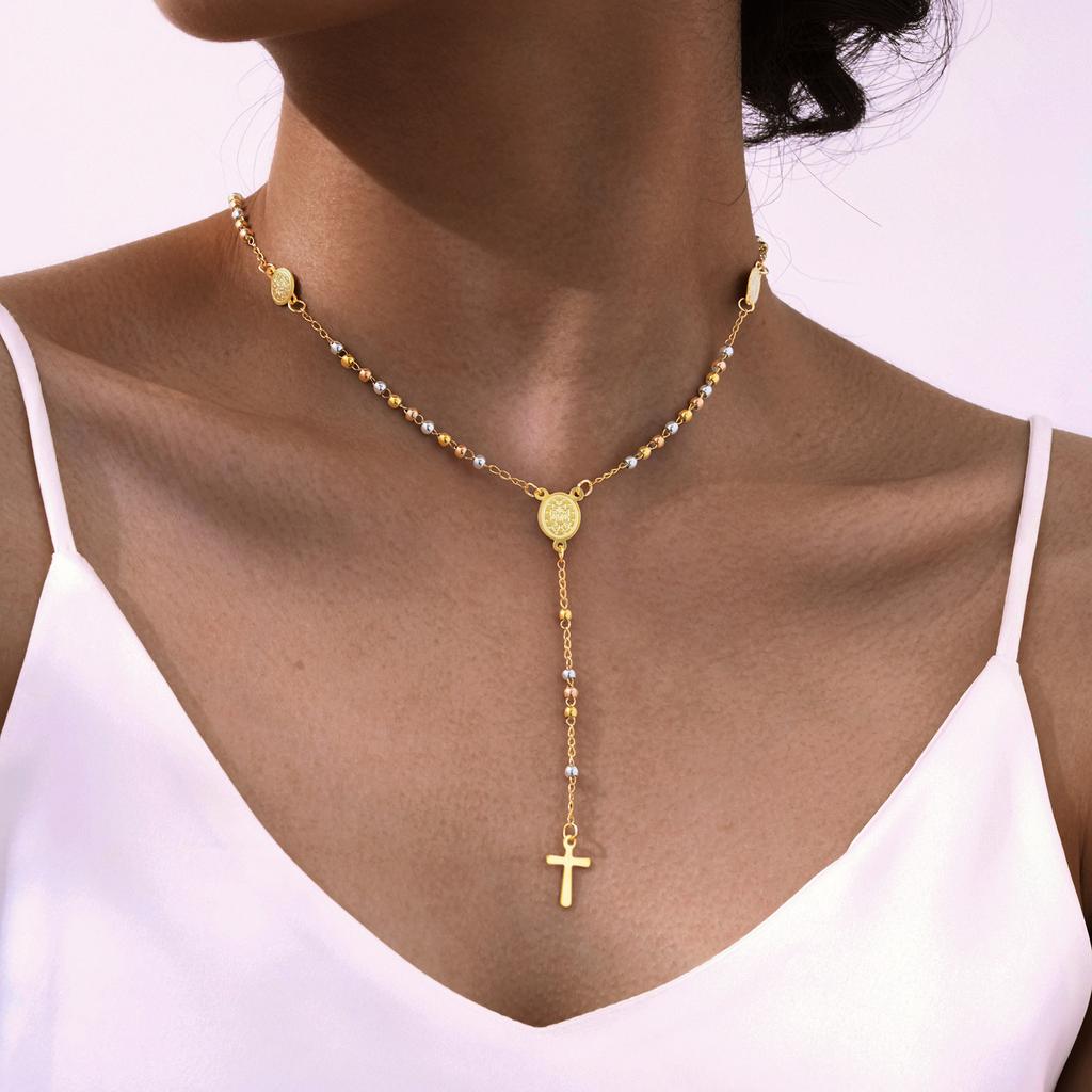 Prjewel Stainless Steel Virgin Vrand Three-Color Beaded Y-Shaped Necklaces for Women The Holy Spirit Cross Pendant Necklace New