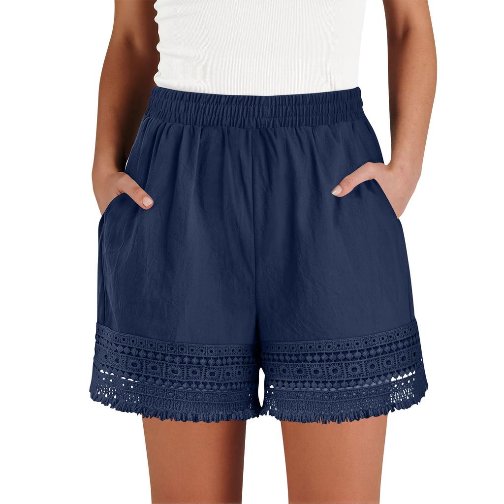 Women’s High Waist Elastic Shorts with Crochet Lace Trim Loose Fit Lightweight Summer Casual Shorts with Pockets