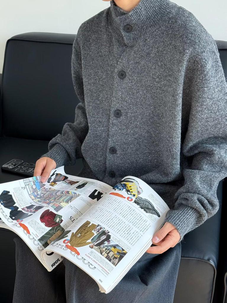 Pánský japonský retro pletený kardigan se stojáčkem – Jednoduchý, univerzální, ležérní svetr v jednobarevném provedení