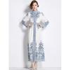 Spring Autumn Women Vintage Print Runway Dresses Single Breasted Long Maxi Party Belt Dress for Graduation
