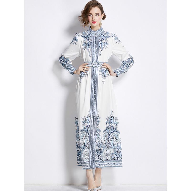 Spring Autumn Women Vintage Print Runway Dresses Single Breasted Long Maxi Party Belt Dress for Graduation