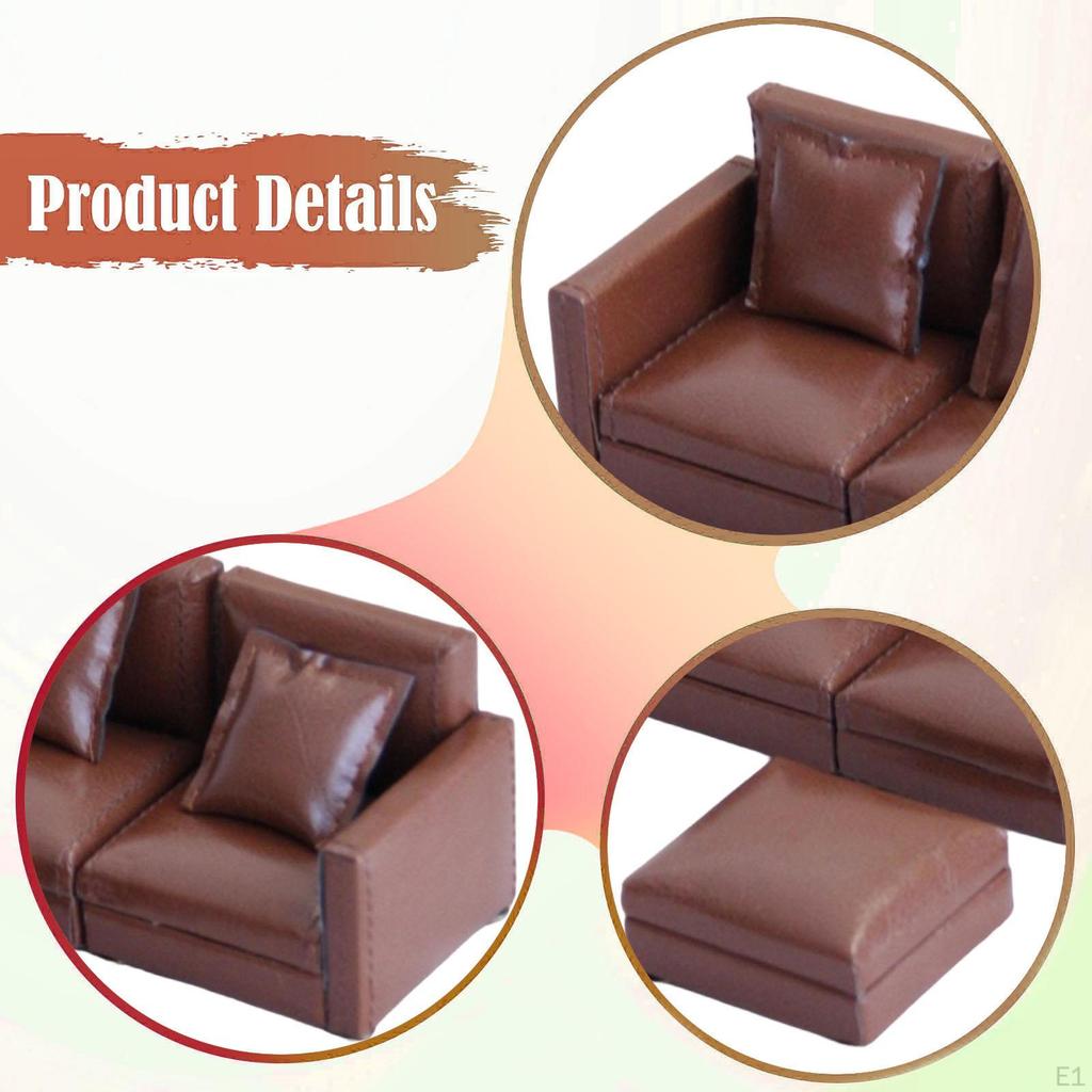 1/12 Scale 3 Seater Sofa Mini Couch Model Realistic Pretend Play Photo Props DIY Accs with Footrest
