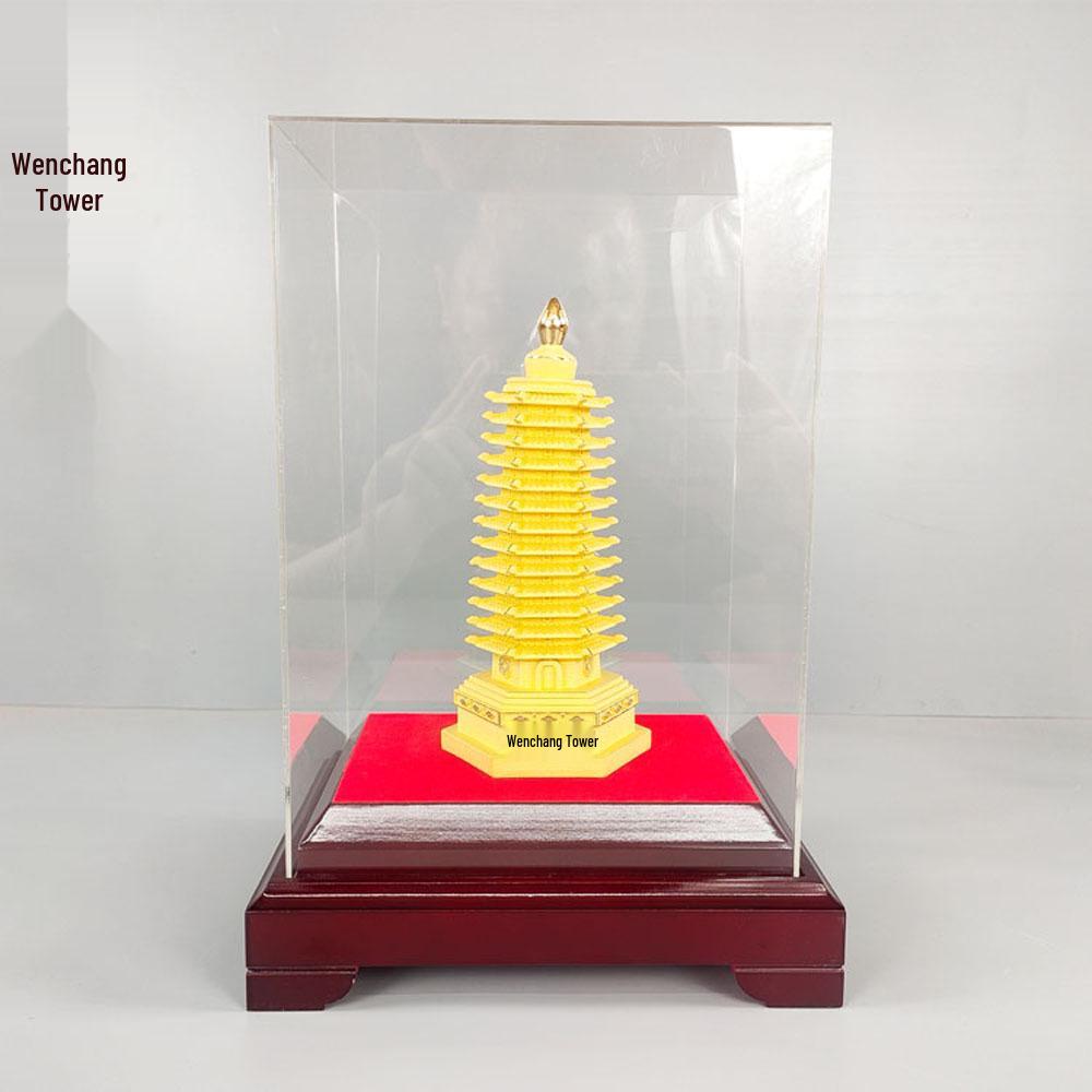 Flocked Sand Gold Yellow Wenchang Tower Ornament for Desk or Study H1386
