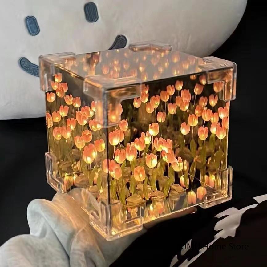 DIY 3D Cloud Tulip LED Night Light Flower Sea Mirror Table Lamps Cube Mirror Atmosphere Night Light Bedroom Decor Table Lamp