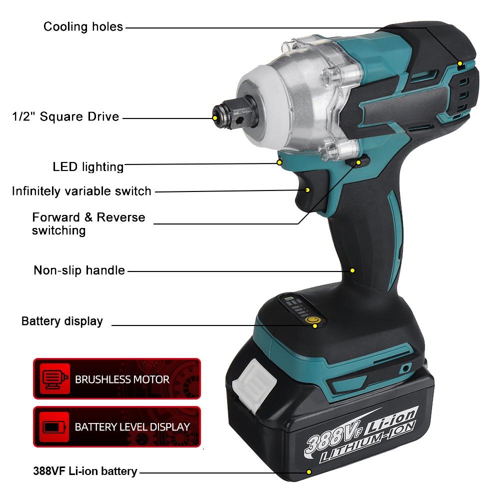 388VF 4 Gear Brushless Cordless Electric Impact Wrench Screwdriver 800N.m 1/2 Inches Wrench Power Tools for 18V Battery