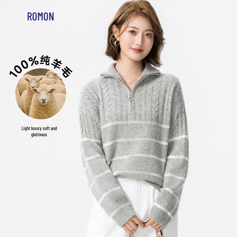 ROMON Damen 100% Merinowolle Reißverschluss Halboher Kragen Pullover