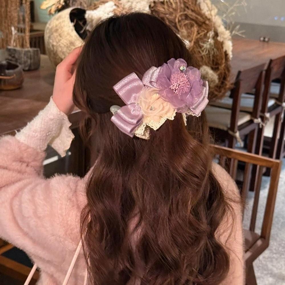 Elegant Flower Banana Clip Resin Women Ponytail Holder Shark Clip Purple Mesh Vertical Clip Party