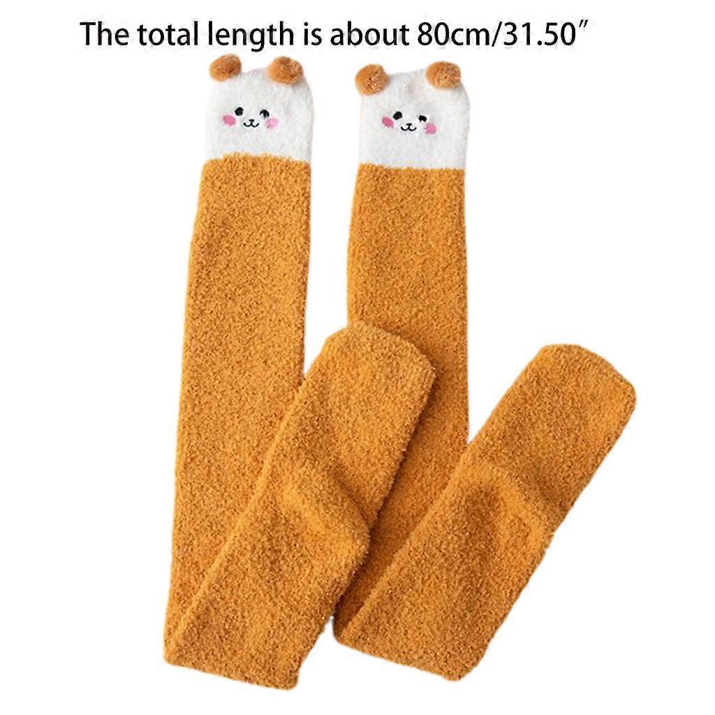 Women Cartoon Thigh High Fuzzy Slipper Socks Cute Animal Embroidery 3D Ears Over Knee Long Stockings Winter Fluffy Plush Warm Leg Warmers