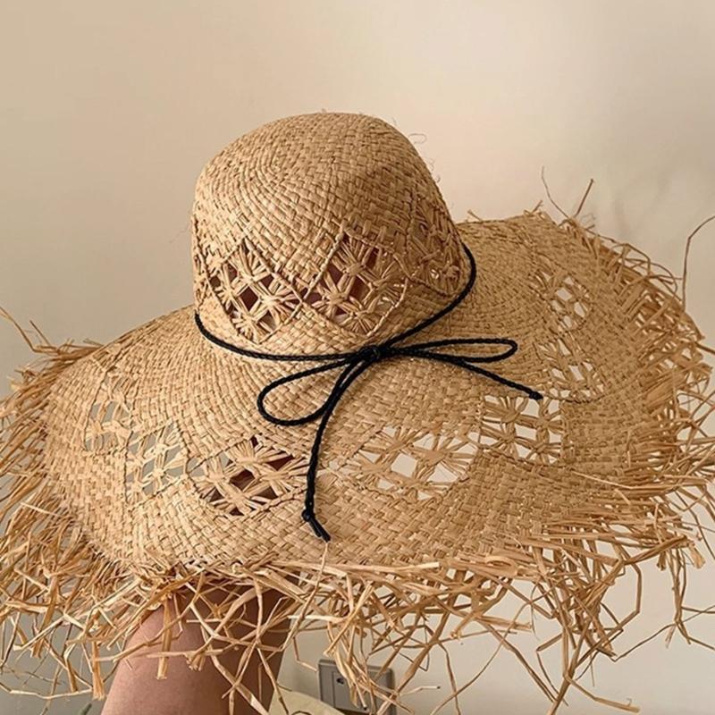 Elegant Raffia Sun Hat With Wide Brimmed And Breathable Openwork Design For Beach Vacation And Outdoor Activities