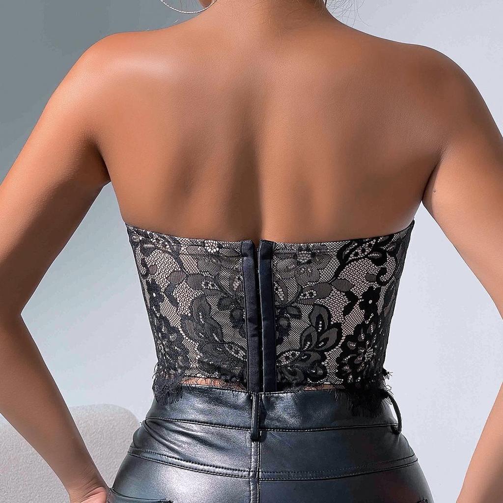 High-End Sexy Lace Eyelash Floral Tube Top for Women 11075