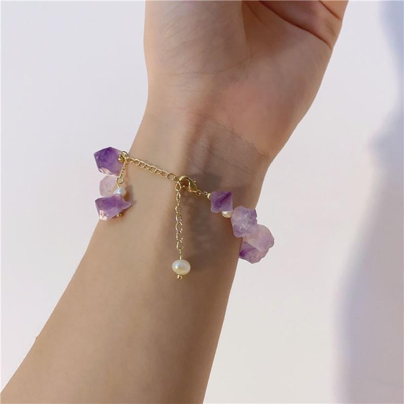 Women Girls Freshwater Pearls Bracelet Irregular Natural Stone Amethysts Purple Crystal Oval Shape Pearl Golden Bangle Jewelry