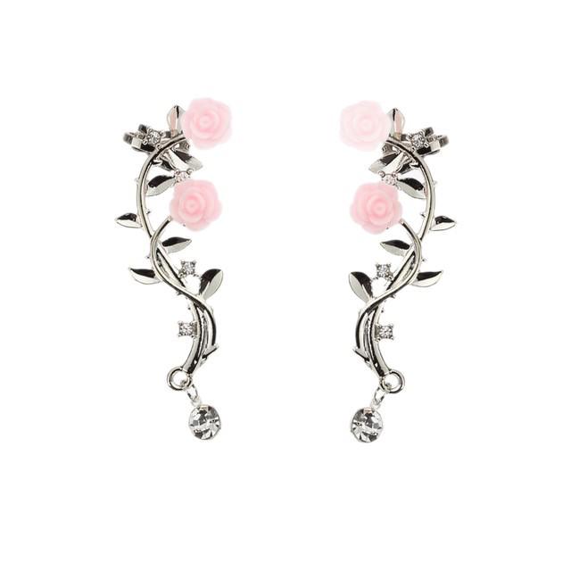 European-American Floral Rose Branch Women's Long Alloy Stud Earrings