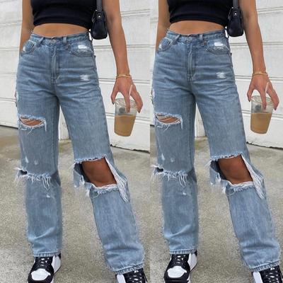 Femmes bouton taille haute poche trou élastique jean pantalon pantalon en Denim ample
