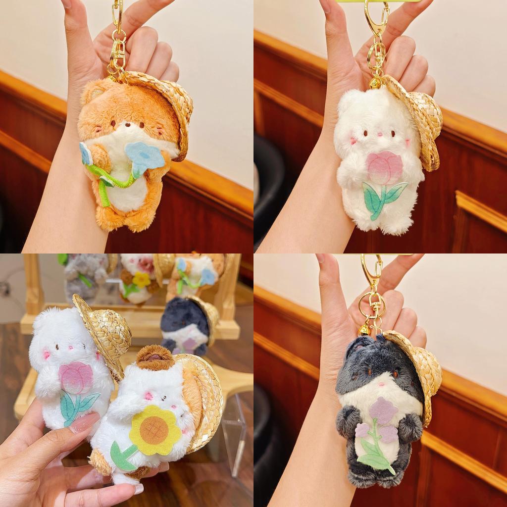 Garden Cat Plush Keychain With Straw Hat And Flower Holding Design For Cute Gift And Accessories