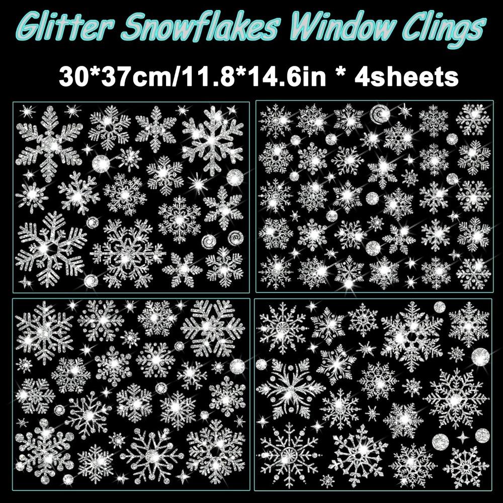 4pcs Glitter Snowflake Wall Sticker Window Clings Sparkling Window Clings Wonderland Decorations Window Stickers Snowflake Electrostatic Glass Sticker