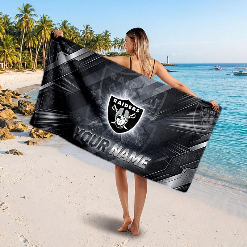 Las Vegas Raiders Customized Name Text Beach Towel, Soft Absorbent Towel Beach Pool Travel Personal Gift