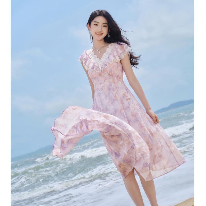 Women s V-Neck Ruffle Lace A-Line Midi Dress L