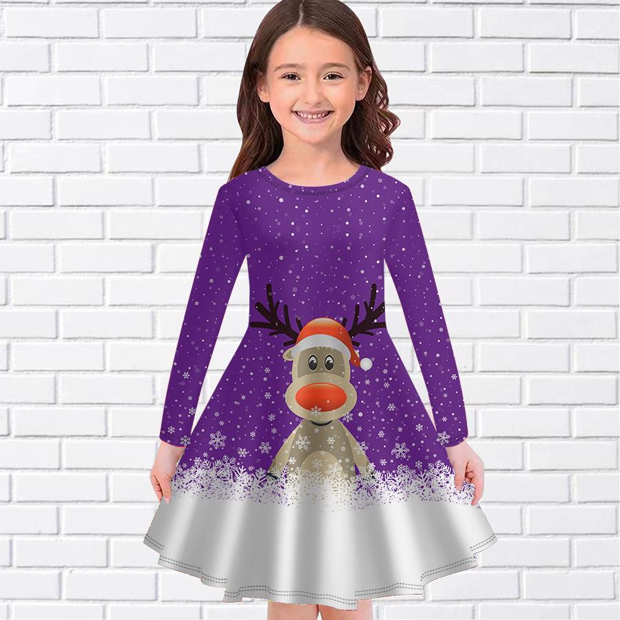 Girl Casual Christmas Reindeer Print Round Neck Long Sleeve Dress Kid Princess Dress