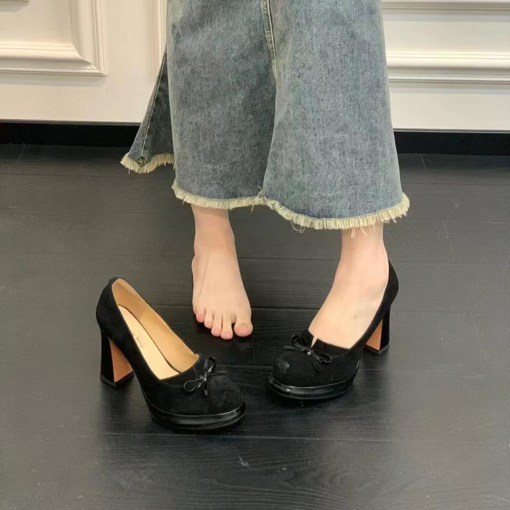 Height-increasing super soft retro Mary Jane shoes high heels round head light mouth bow French single shoes