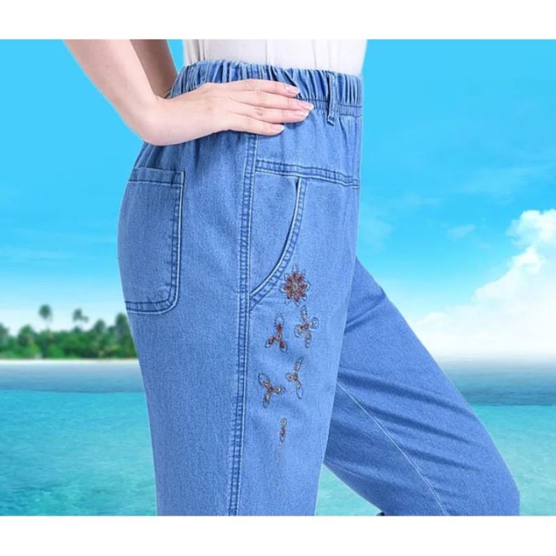 Women's Spring Summer Thin High-waist Jeans Mother Elastic Waist Female Casual Trousers Denim Nine Branch Pants