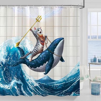 Cat Shower Curtain Ocean Funny Whale Shower Curtains for Bathroom Fun Shower Curtain Set with 12 Hooks Wha