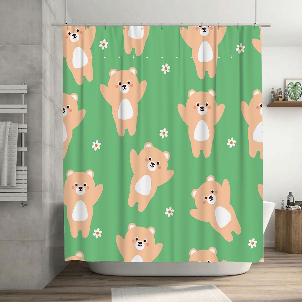 Adorable Cartoon Animal Print Shower Curtain for Bathroom Decor Kids Room Decoration in Green with Bears Design