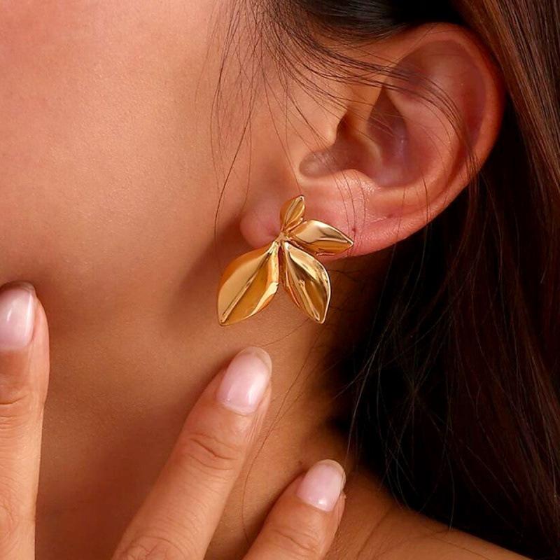 European & American Style Stainless Steel Petal Leaf Earrings for Women