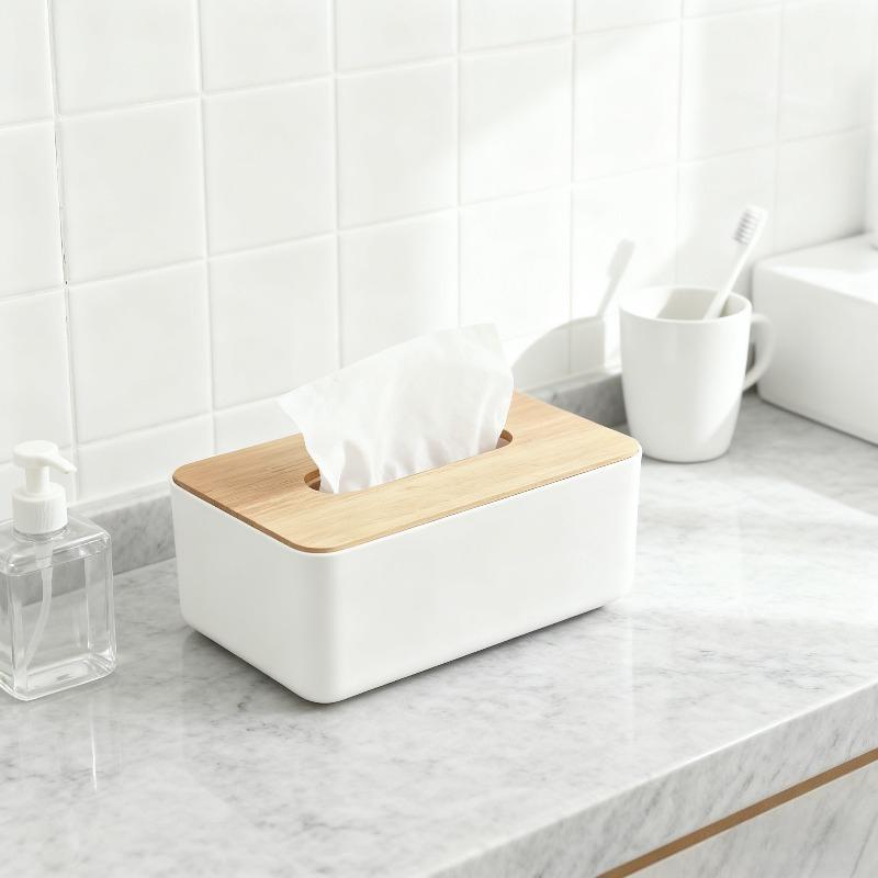 

Bamboo Wood Tissue Box - Minimalist Plastic Multi-functional Desktop Organizer, for Home Kitchen Bathroom, Household Decor белый
