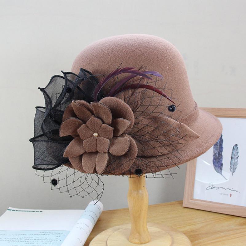 Women S Elegant Warm Wool Blend Round Top Wide Brim Hat With Flower Decoration