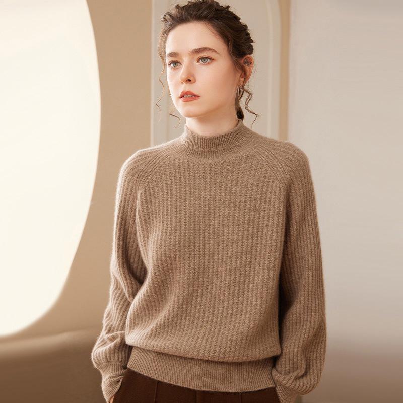 Women's Cashmere Pullover: Loose Fit, Thick 7-Gauge, Half-High Collar, Solid Color Knitwear Sweater for Autumn/Winter.