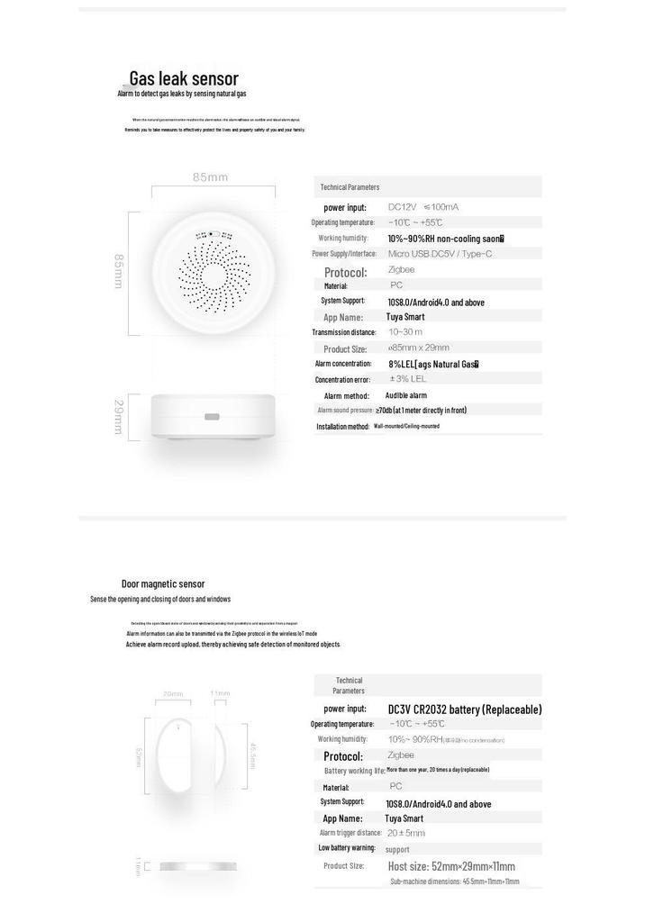 Zigbee Tuya Smart Sensor: Temperature, Humidity, Door Magnet, Infrared, Gas, Smoke, Water Leak, Human Presence Detection.