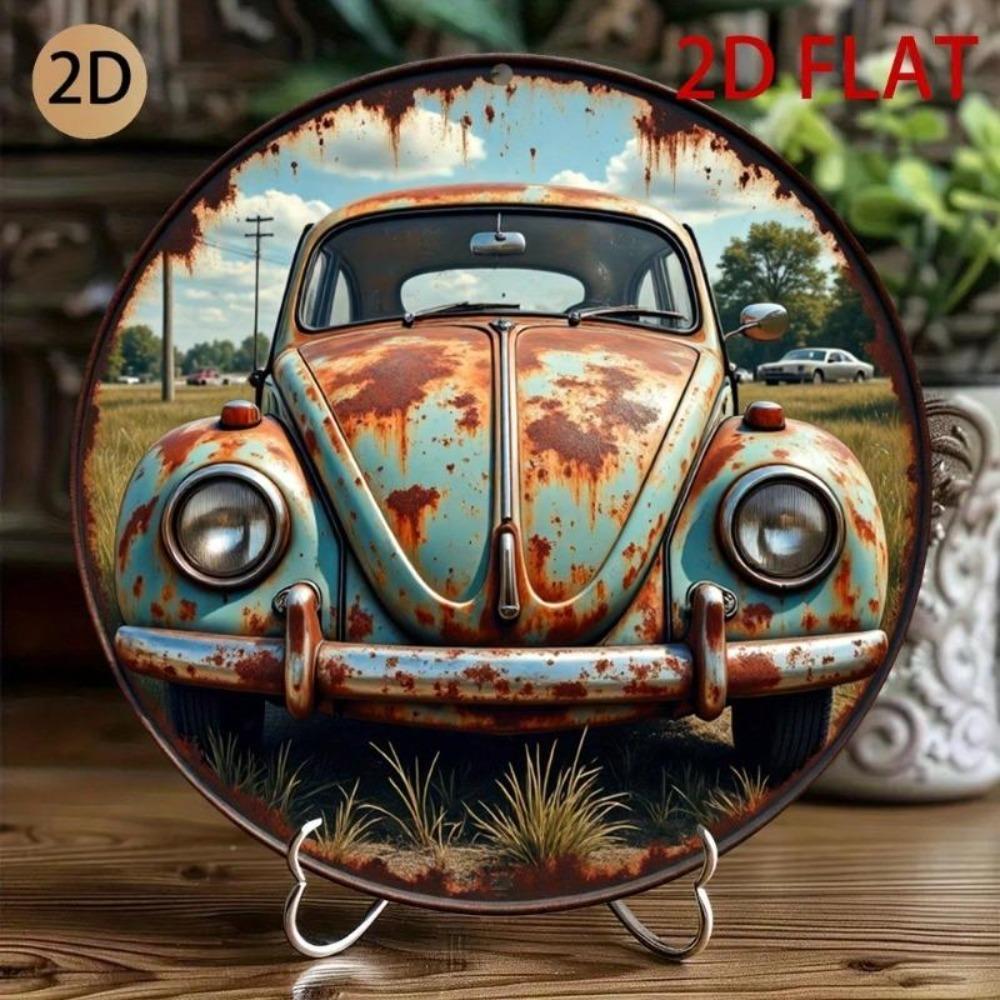 Vintage Car Rusty Metal Tin Sign 2D Round Retro Garage Cafe Wall Decor