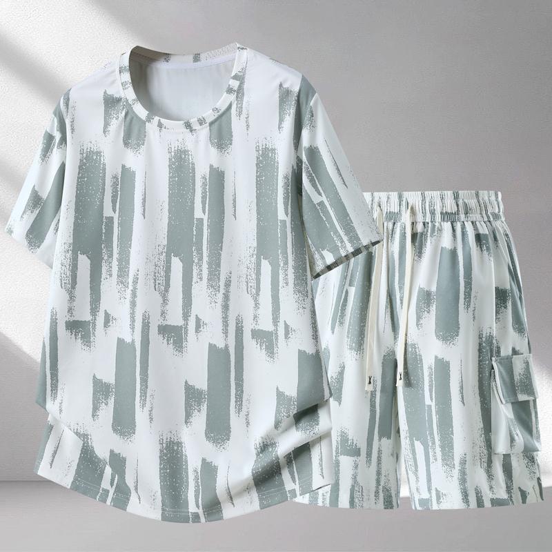 Heren Plus Size Abstracte Print 2-delige Outfit, Korte Mouw T-shirt & Cargo Short Set (5XL-12XL)