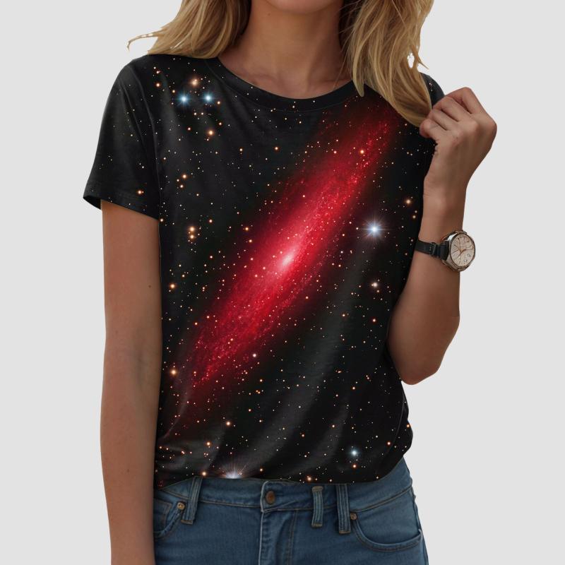 Topp Blus Kvinna Trend 2025 Kvinnor 3d Galaxy Tryck T-shirts Glitter Skjortor Blus Trendig Stjärnklar Himmel Sommar Ropa Para Mujer