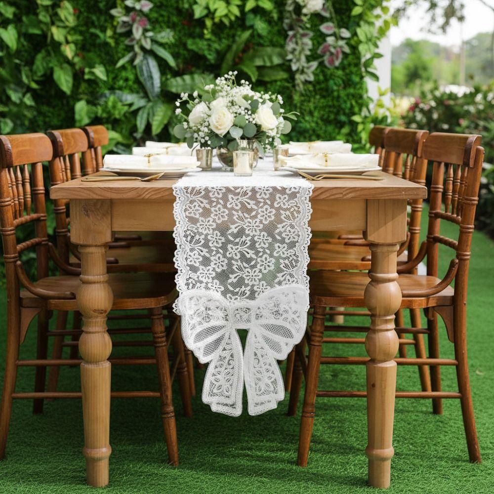 New White Lace Table Runner Floral Rectangle Table Flag Embroidered Semi-sheer Tablecloth Home Decor