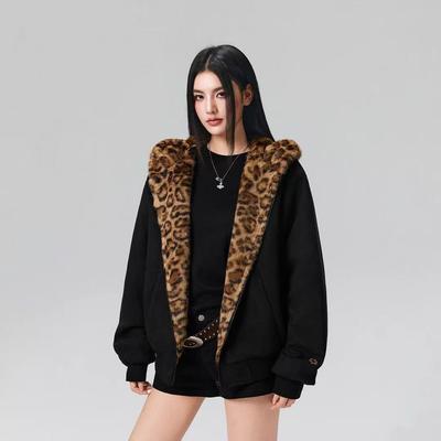 Women's New American Leopard Cat Ears Short Section of Cold Lightweight Thickened Padded Warm Loose High-quality Fabric Casual Sports Cotton Clothing