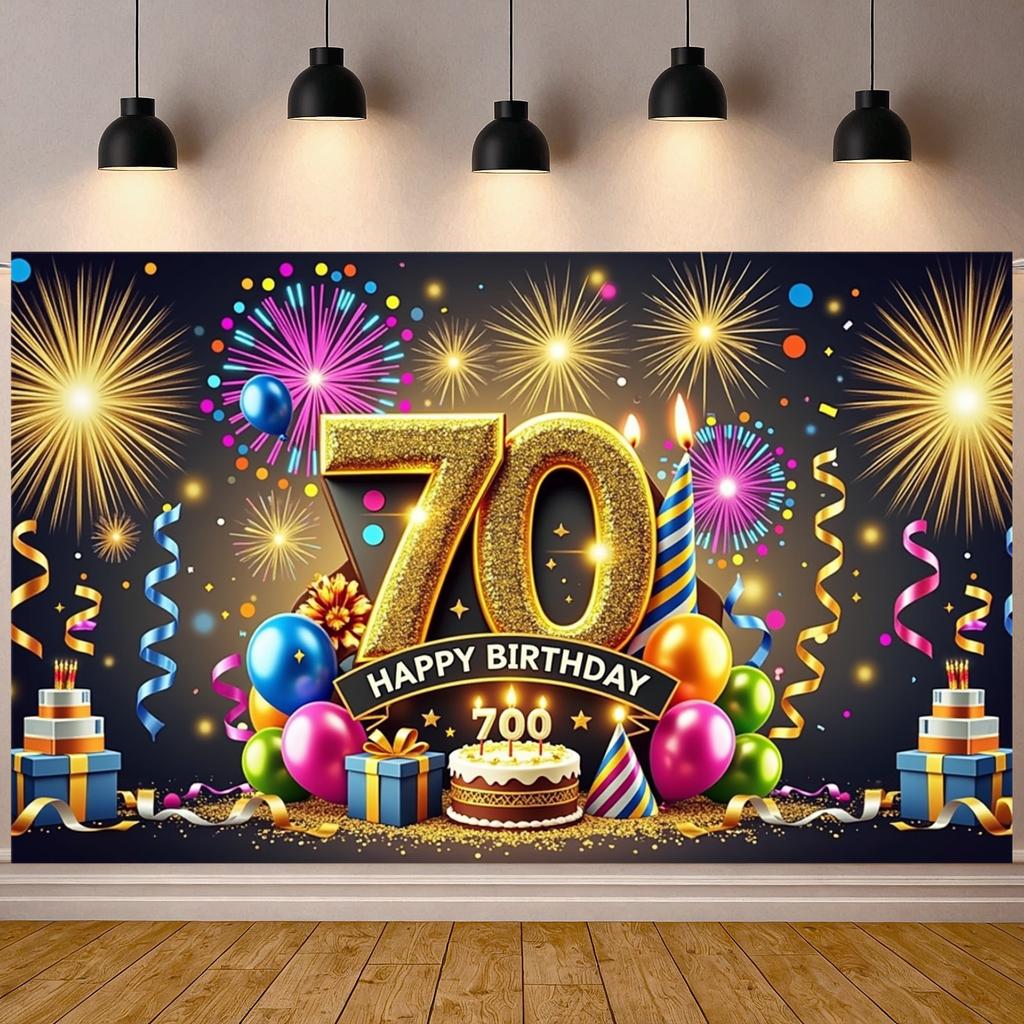 70th Birthday Banner Happy Birthday Display Golden Glitter Firework Pattern Birthday Backdrop for 70th Indoor Party Decoration