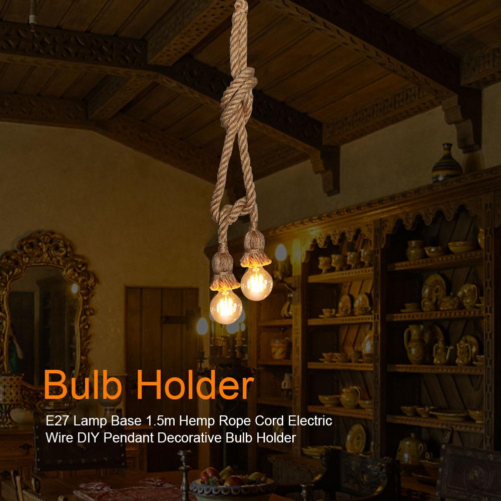 Bază Lampă E27 1,5m Frânghie de Cânepă Cablu Electric DIY Pandantiv Decorativ Suport Bec (două suporturi pentru bec)