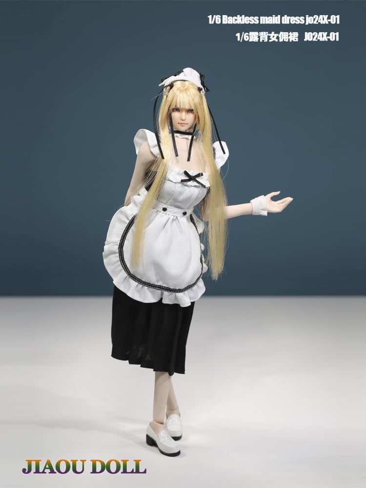 OBEST 1/6 Scale Female Backless Maid Outfit Set for Figures, Includes Shirt, Headband, Maid Skirt, Black Dress, Sleeves, and Collar