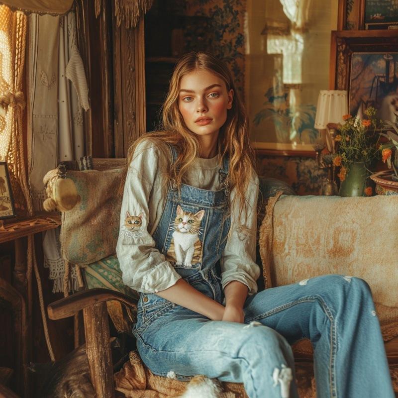 Overalls Sommer Damen Hosen Denim-Imitat Gerade geschnittene Hosen Vielseitige Lockere Gerade geschnittene Hosen 1D Digitaldruck