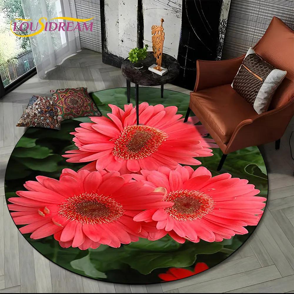 3D Daisy Nordic Flower Sunflower Round Area Rug,Carpet for Living Room Children's Bedroom Sofa Playroom Decor,Non-slip Floor Mat