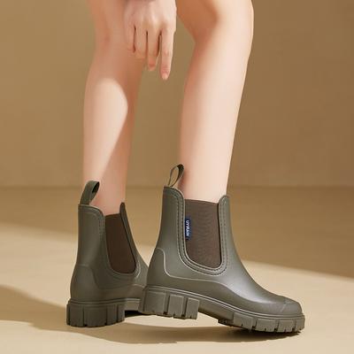 Modische wasserdichte Stiefel für Damen, elastischer Mund, Stiefeletten, mittelhohe Regenschuhe, rutschfeste Chelsea-Boots für den Innen- und Außenbereich, Watschuhe