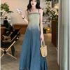 Women's Gradient Denim Frayed Strappy Summer A-Line Retro Waist-Cinching Long Dress