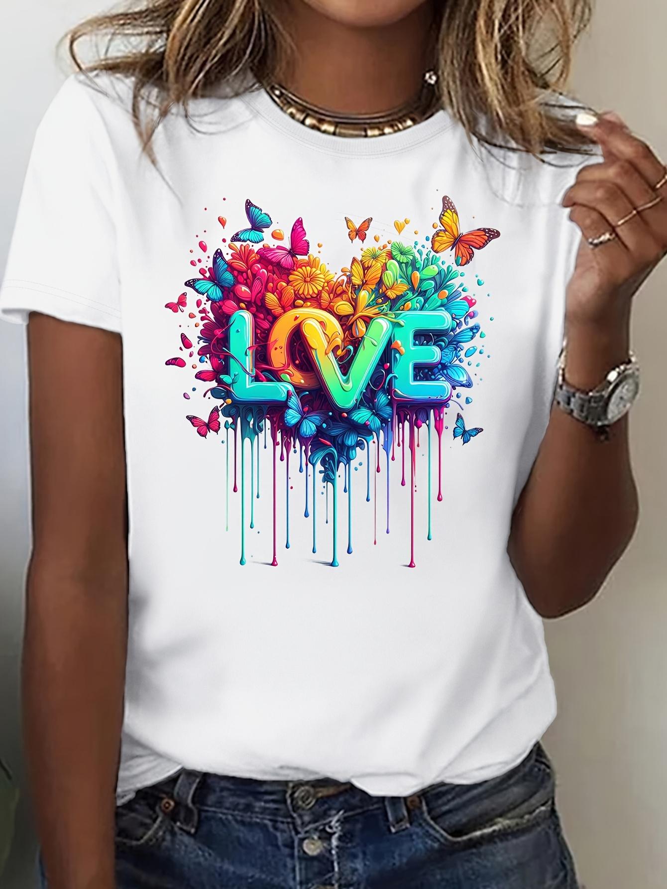 Colorful Love Butterflies & Flowers Heart T-shirt XXL