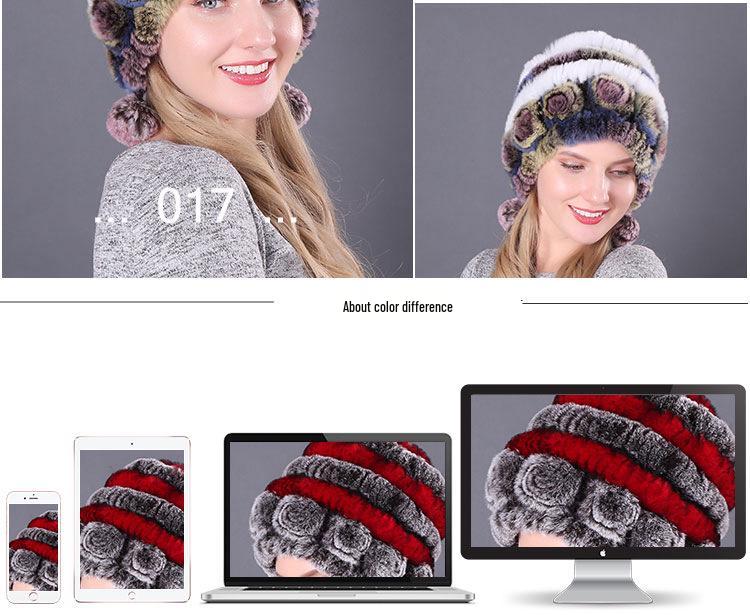 Women's Warm Rex Rabbit Fur Hat with Ear Protection and Pom-Poms
